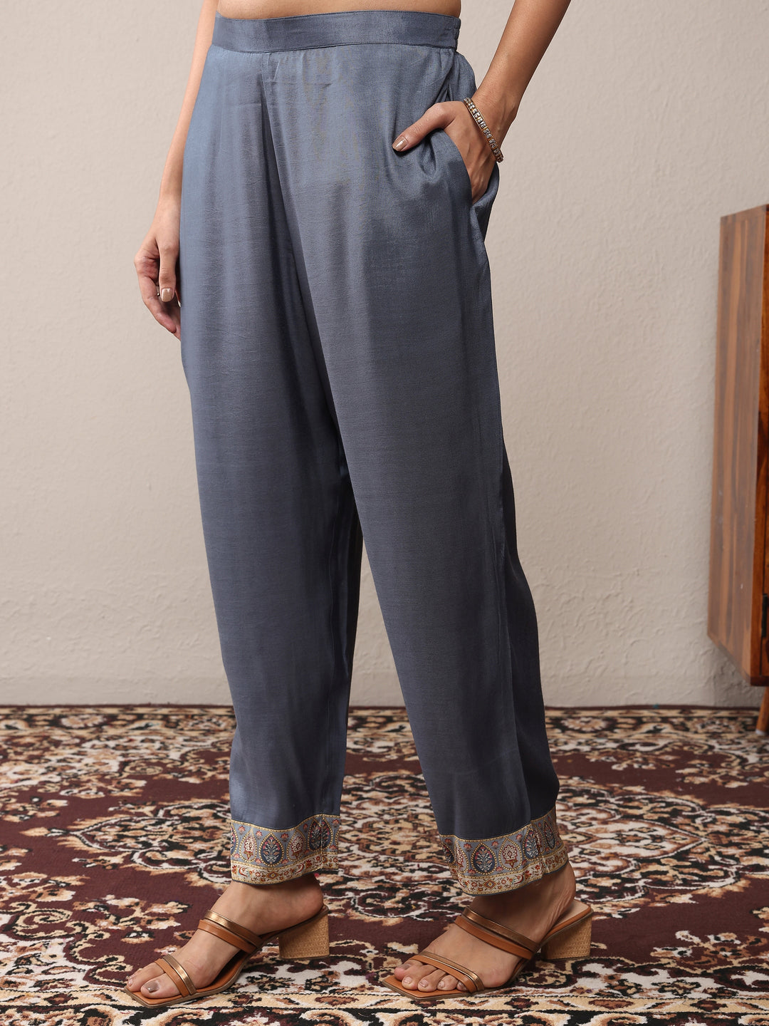  Blue Printed Silk Blend Straight Suit Set With Dupatta 