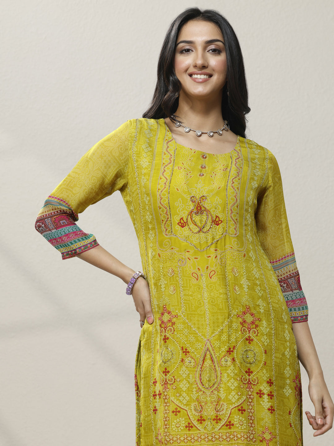  Green Printed Organza Straight Suit Set With Dupatta 