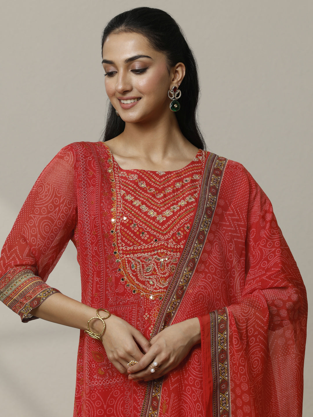  Orange Printed Organza Straight Suit Set With Dupatta 