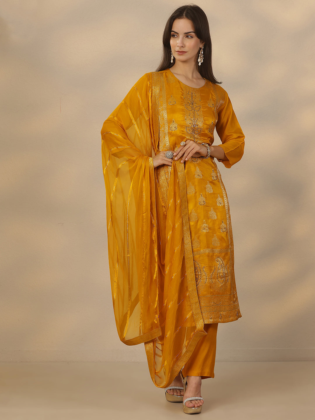  Mustard Woven Design Silk Blend Straight Suit Set With Dupatta 