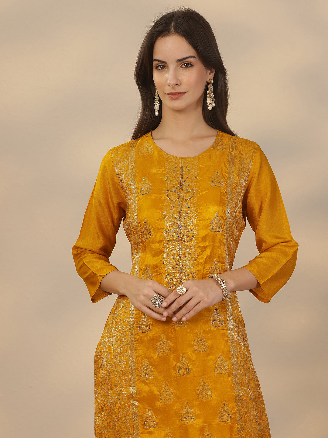  Mustard Woven Design Silk Blend Straight Suit Set With Dupatta 