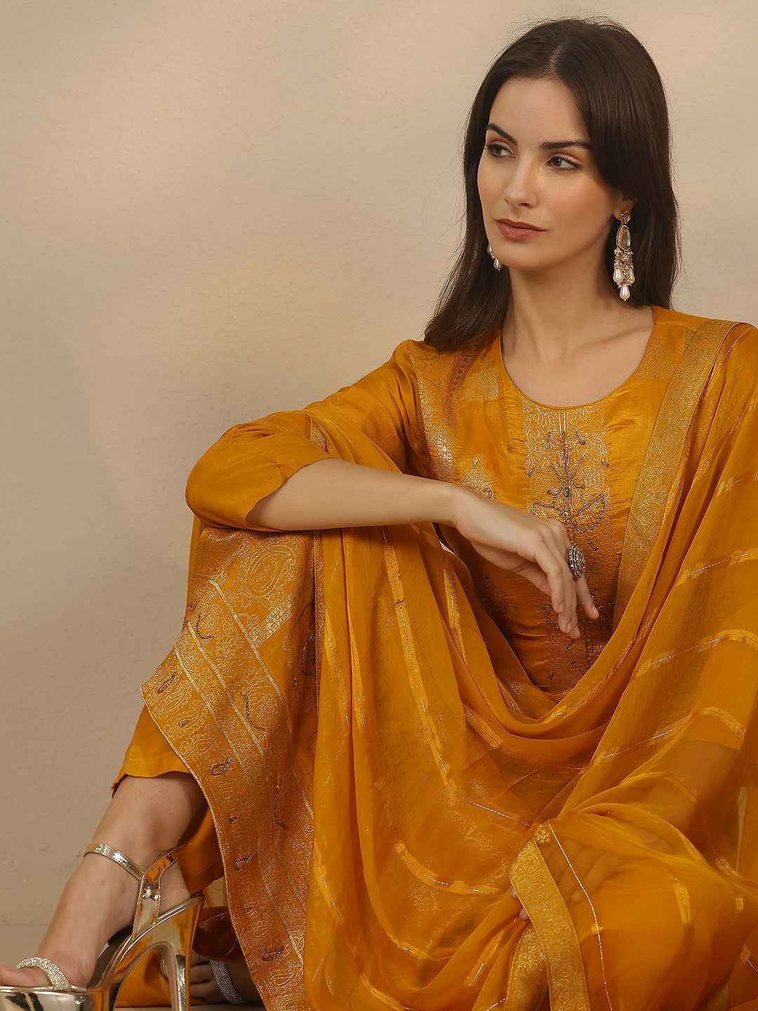 Mustard Woven Design Silk Blend Straight Suit Set With Dupatta
