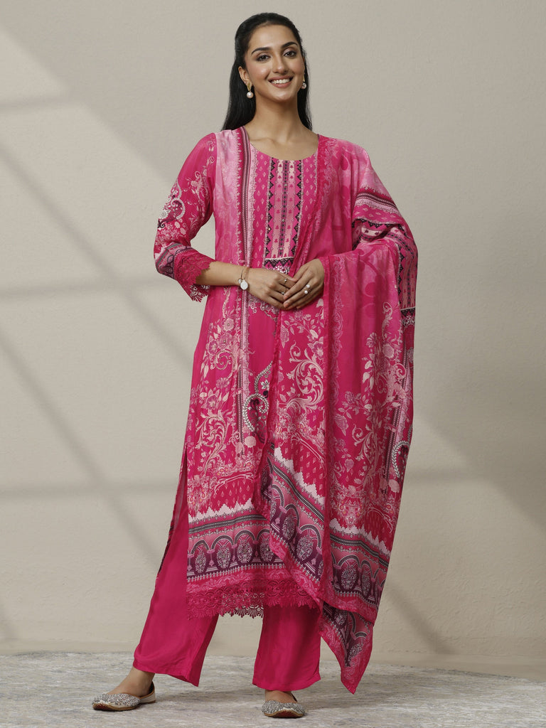 Libas Pink Printed Silk Blend Straight Suit Set With Dupatta