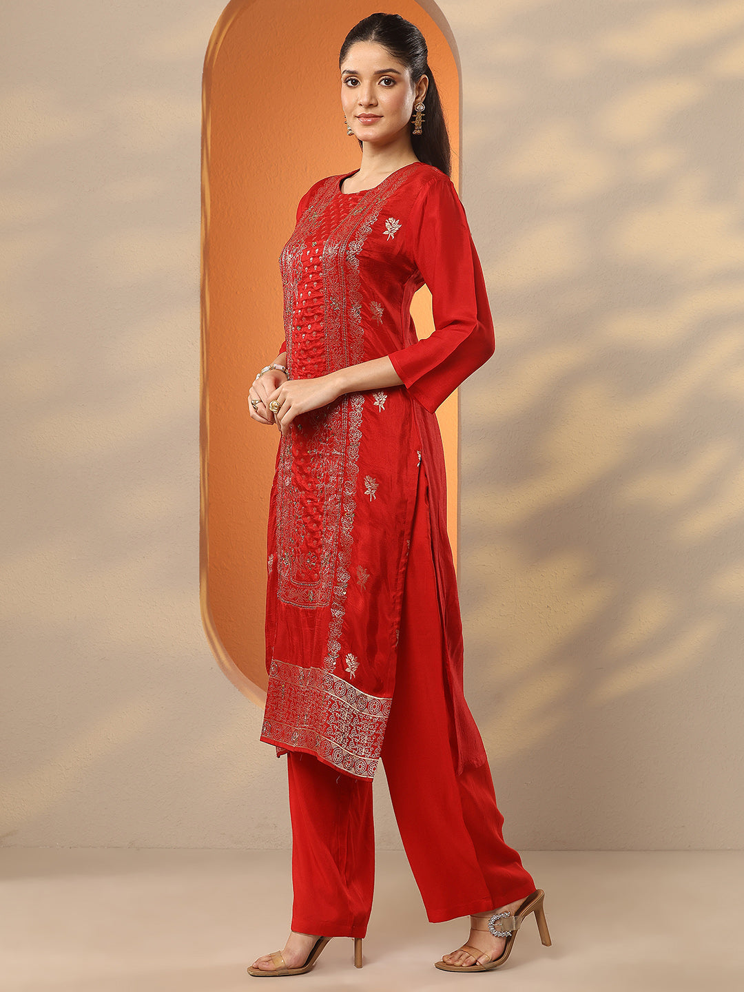  Red Woven Design Silk Blend Straight Suit Set With Dupatta 