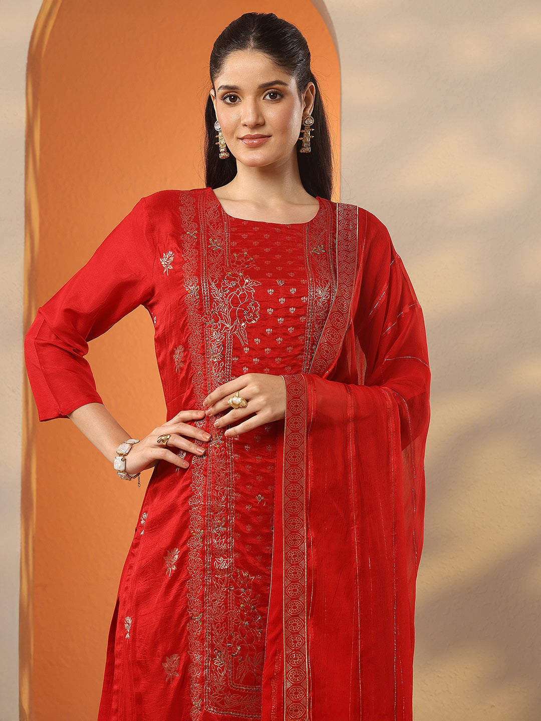  Red Woven Design Silk Blend Straight Suit Set With Dupatta 