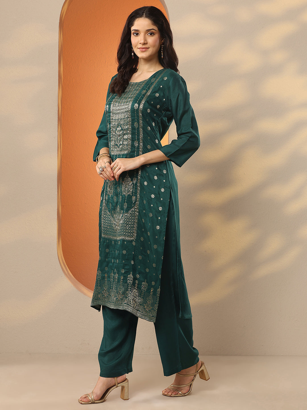  Green Woven Design Silk Blend Straight Suit Set With Dupatta 