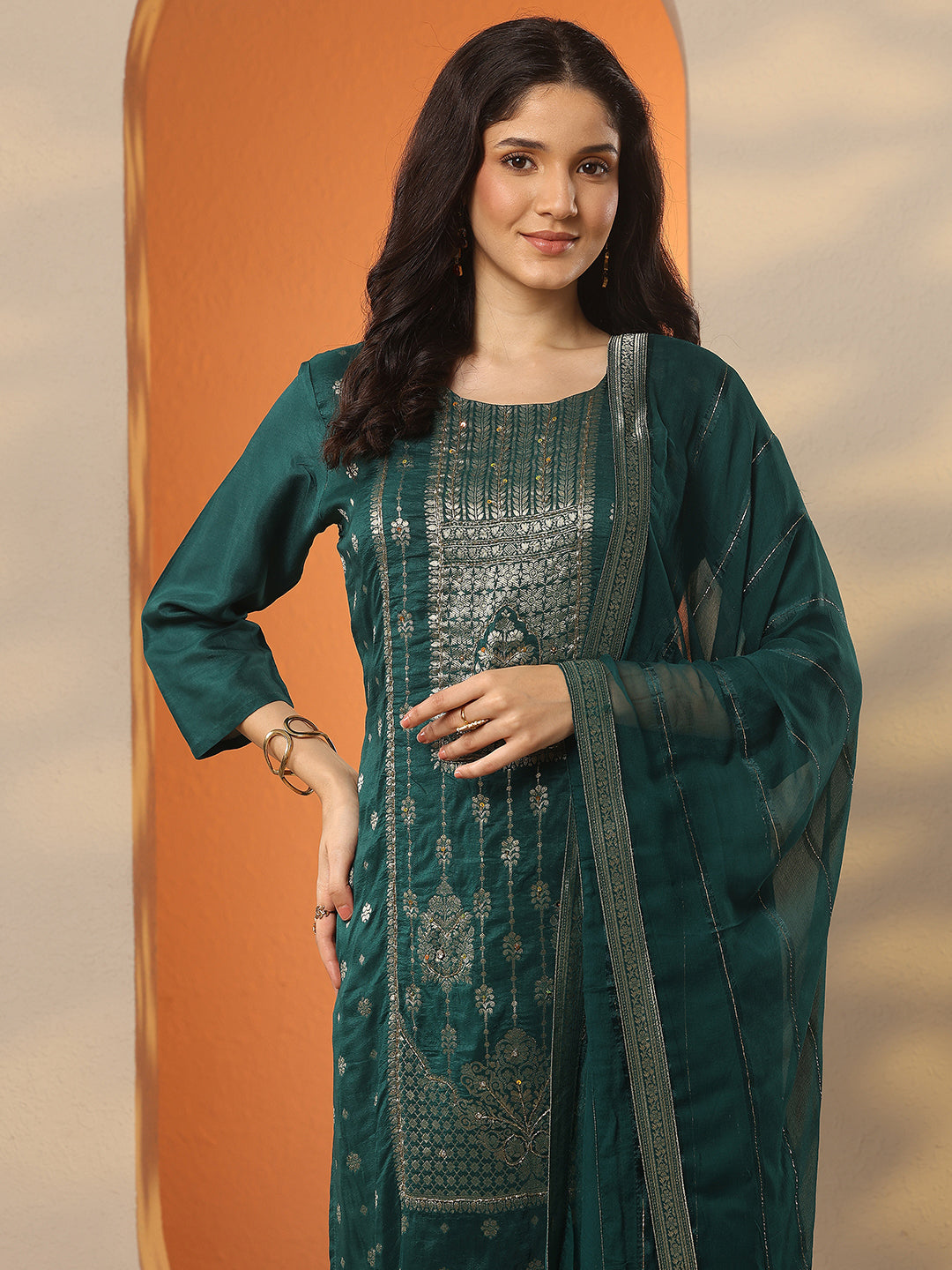  Green Woven Design Silk Blend Straight Suit Set With Dupatta 