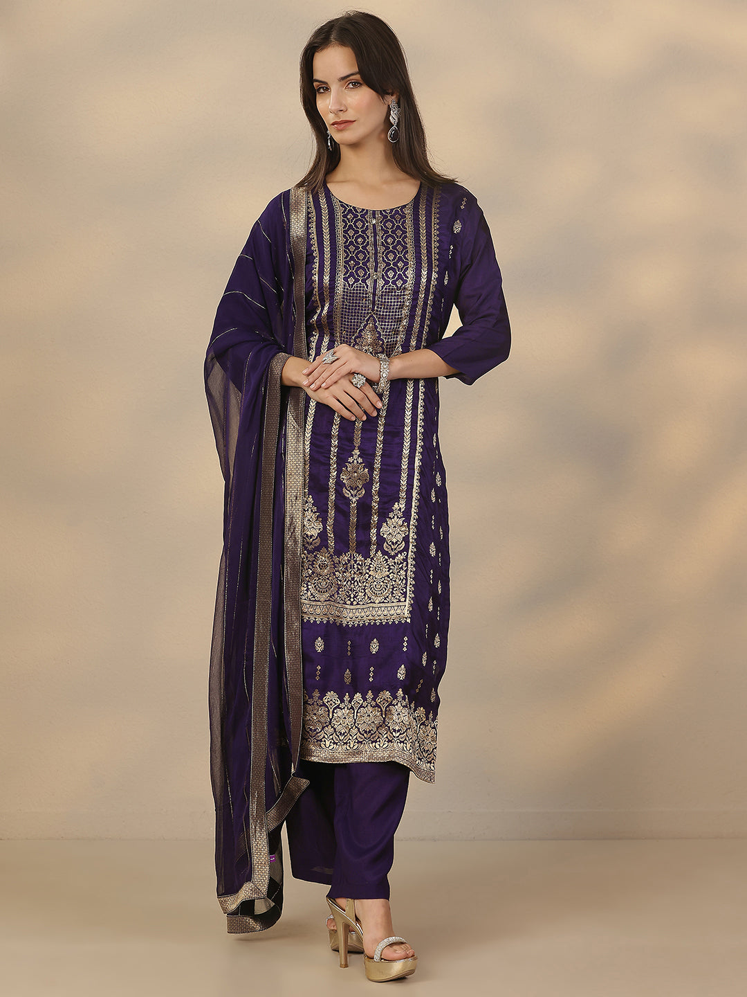  Purple Woven Design Silk Blend Straight Suit Set With Dupatta 