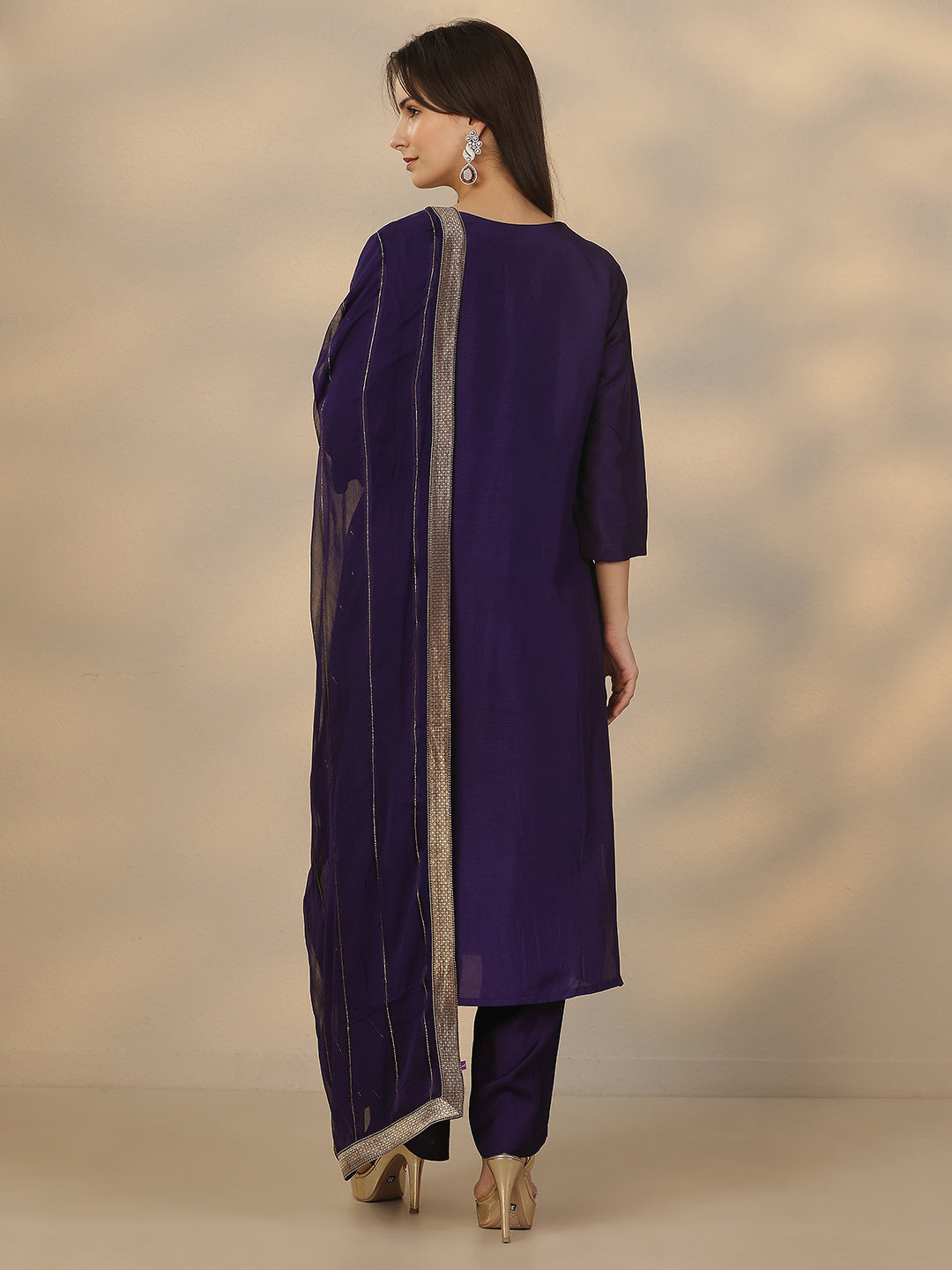  Purple Woven Design Silk Blend Straight Suit Set With Dupatta 