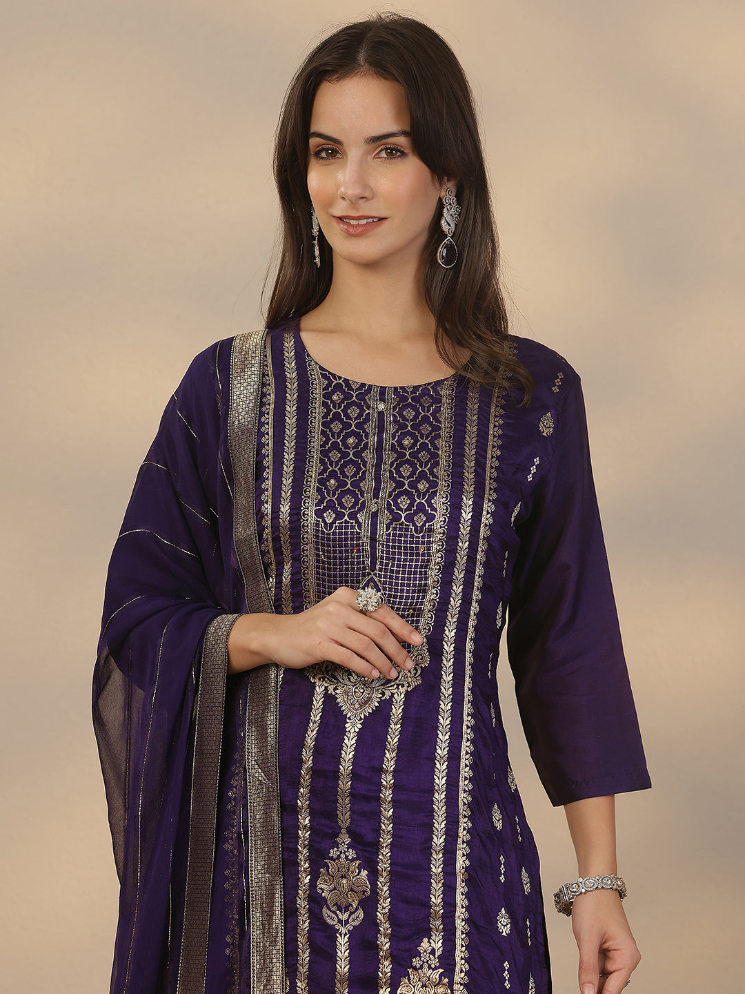  Purple Woven Design Silk Blend Straight Suit Set With Dupatta 