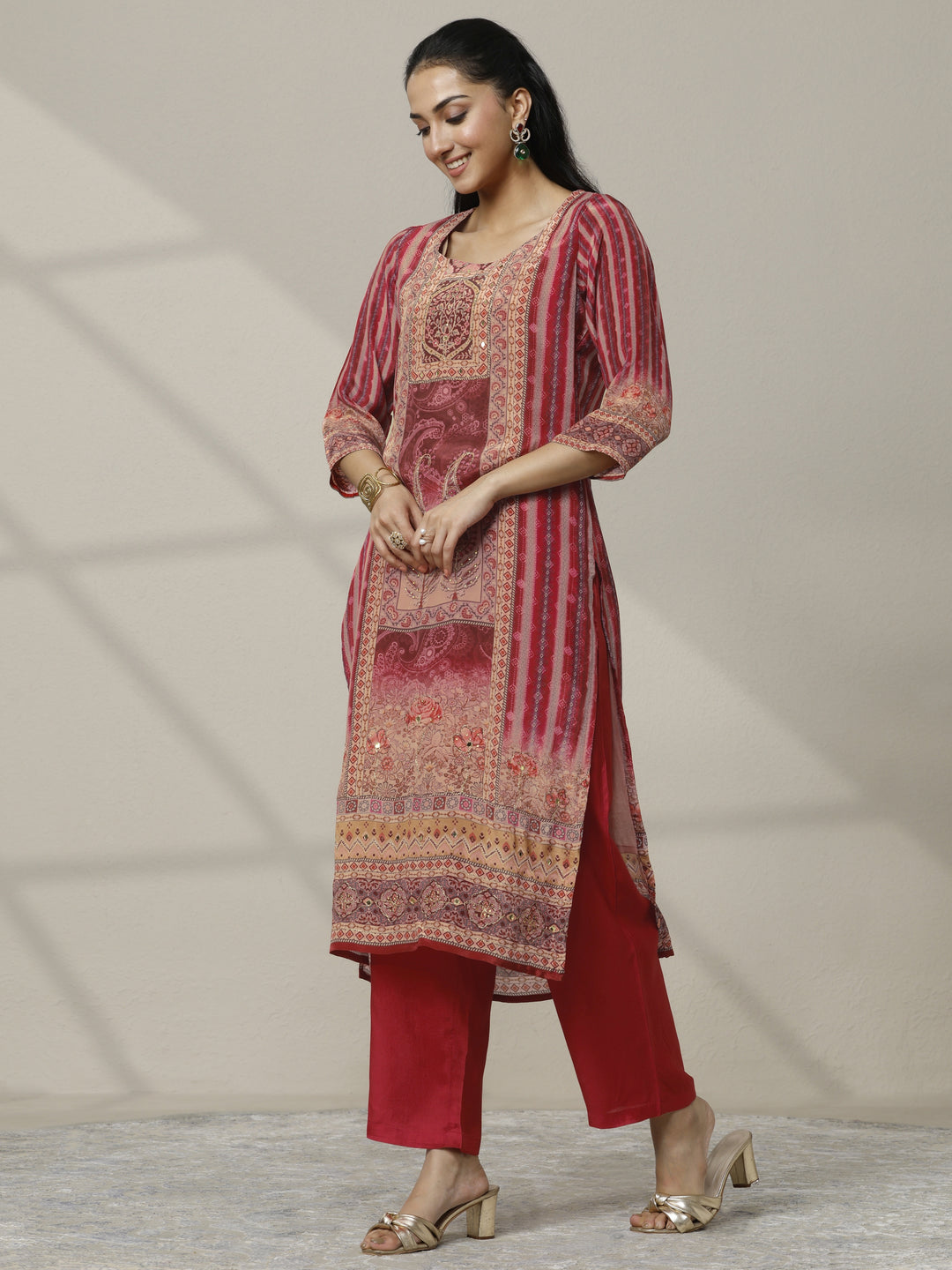  Red Printed Muslin Straight Suit Set With Dupatta 