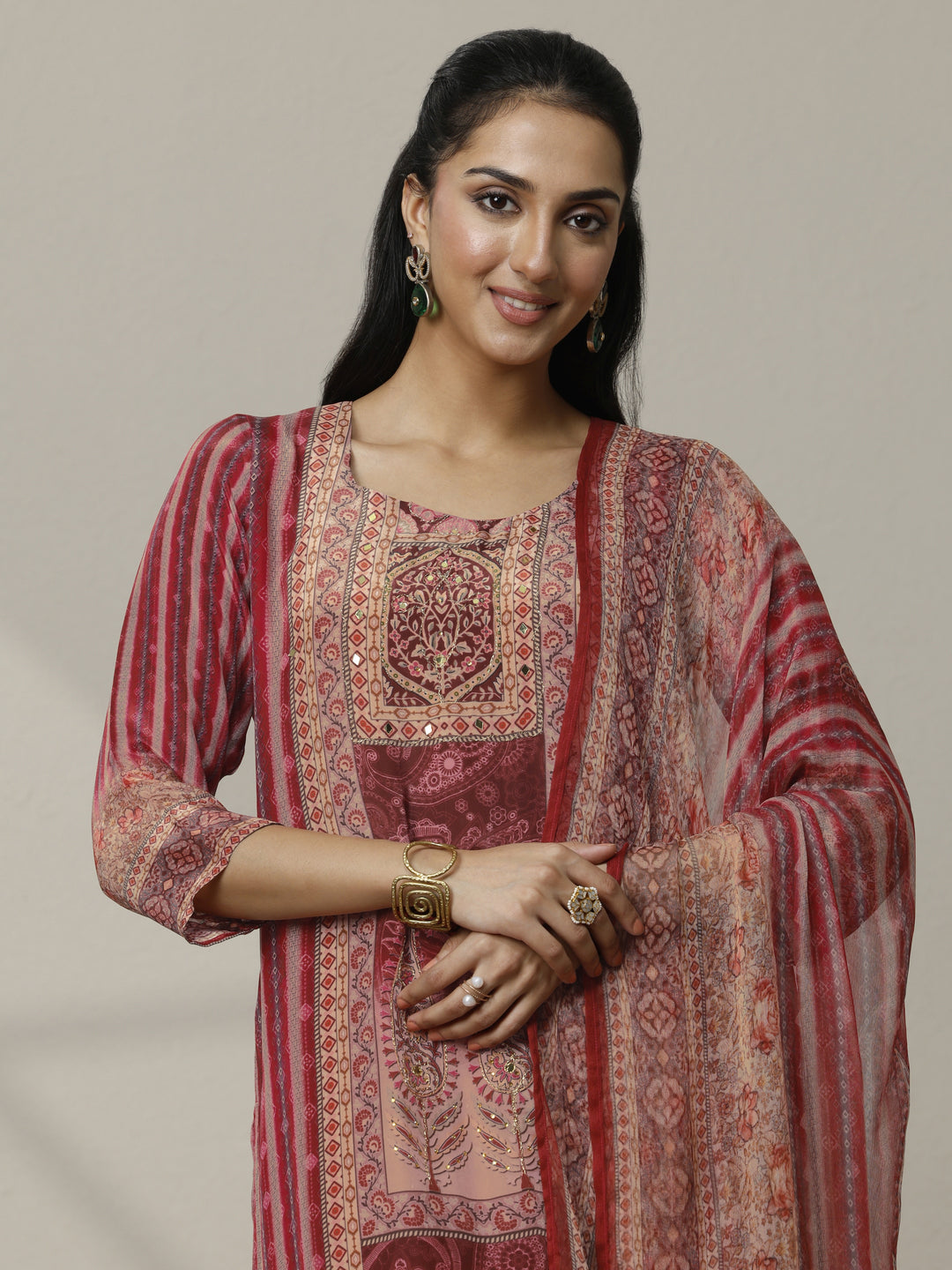  Red Printed Muslin Straight Suit Set With Dupatta 