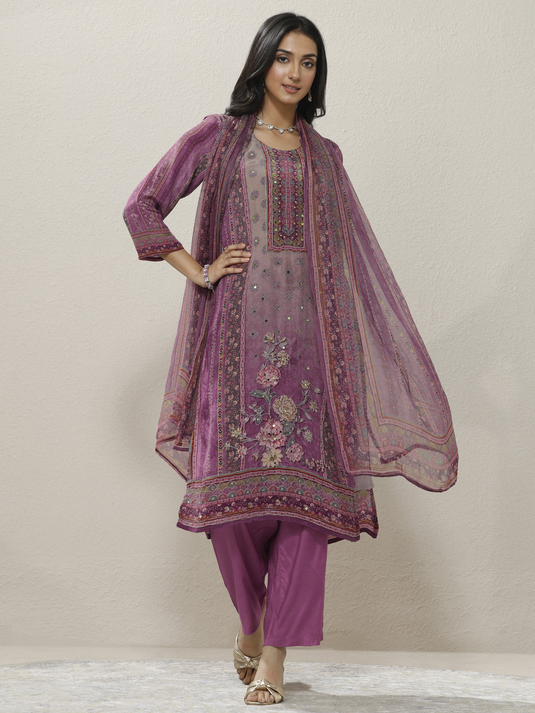 Mauve Printed Silk Blend Straight Suit Set With Dupatta