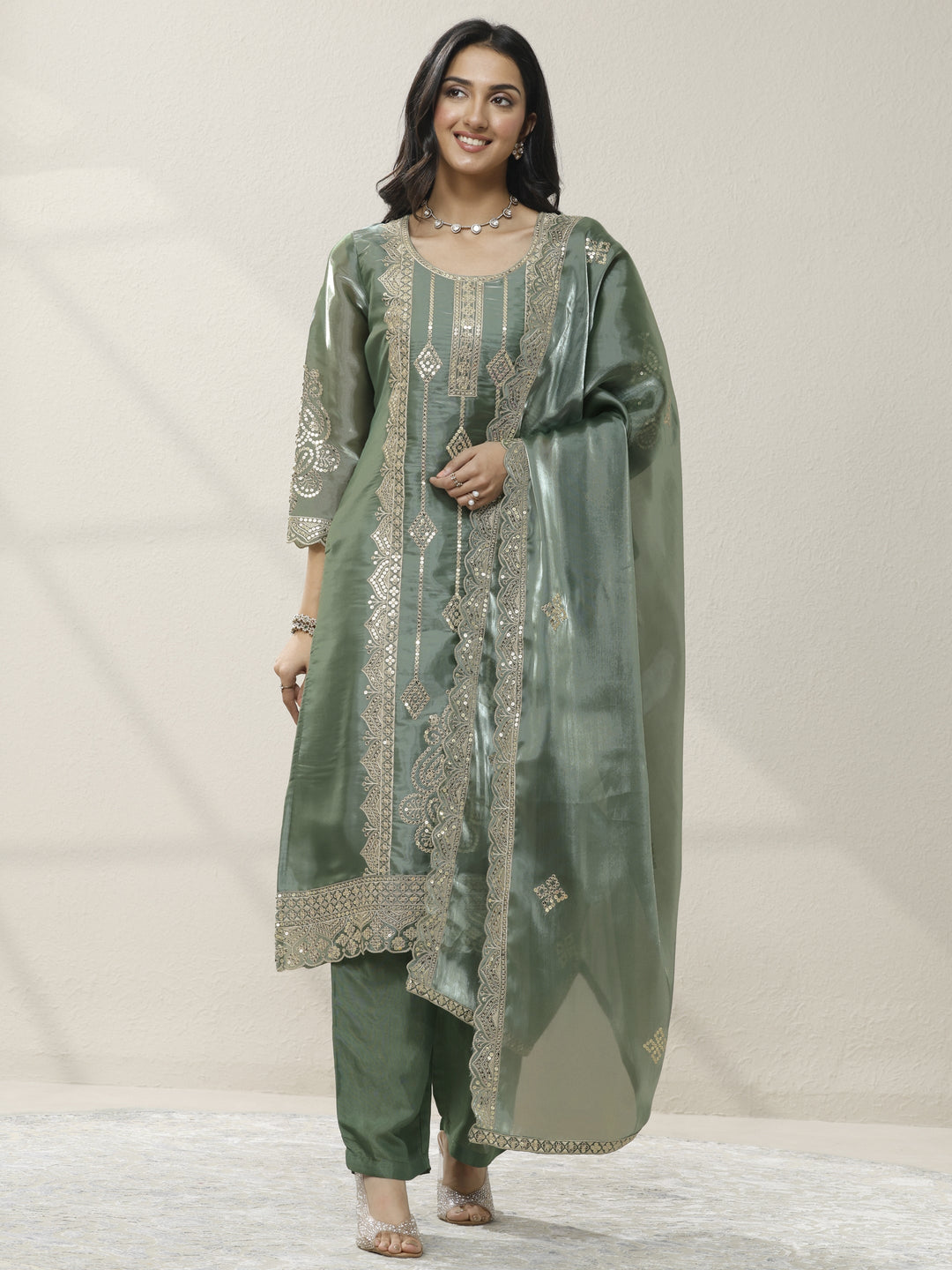  Green Embroidered Organza Straight Suit Set With Dupatta 