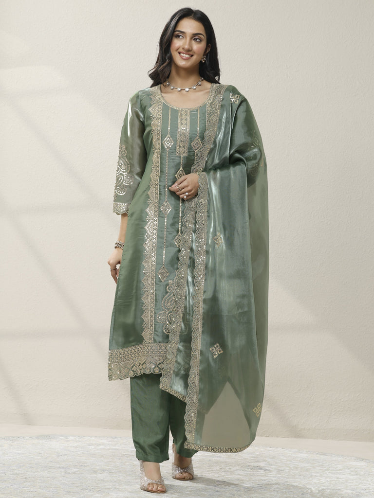 Libas Green Embroidered Organza Straight Suit Set With Dupatta