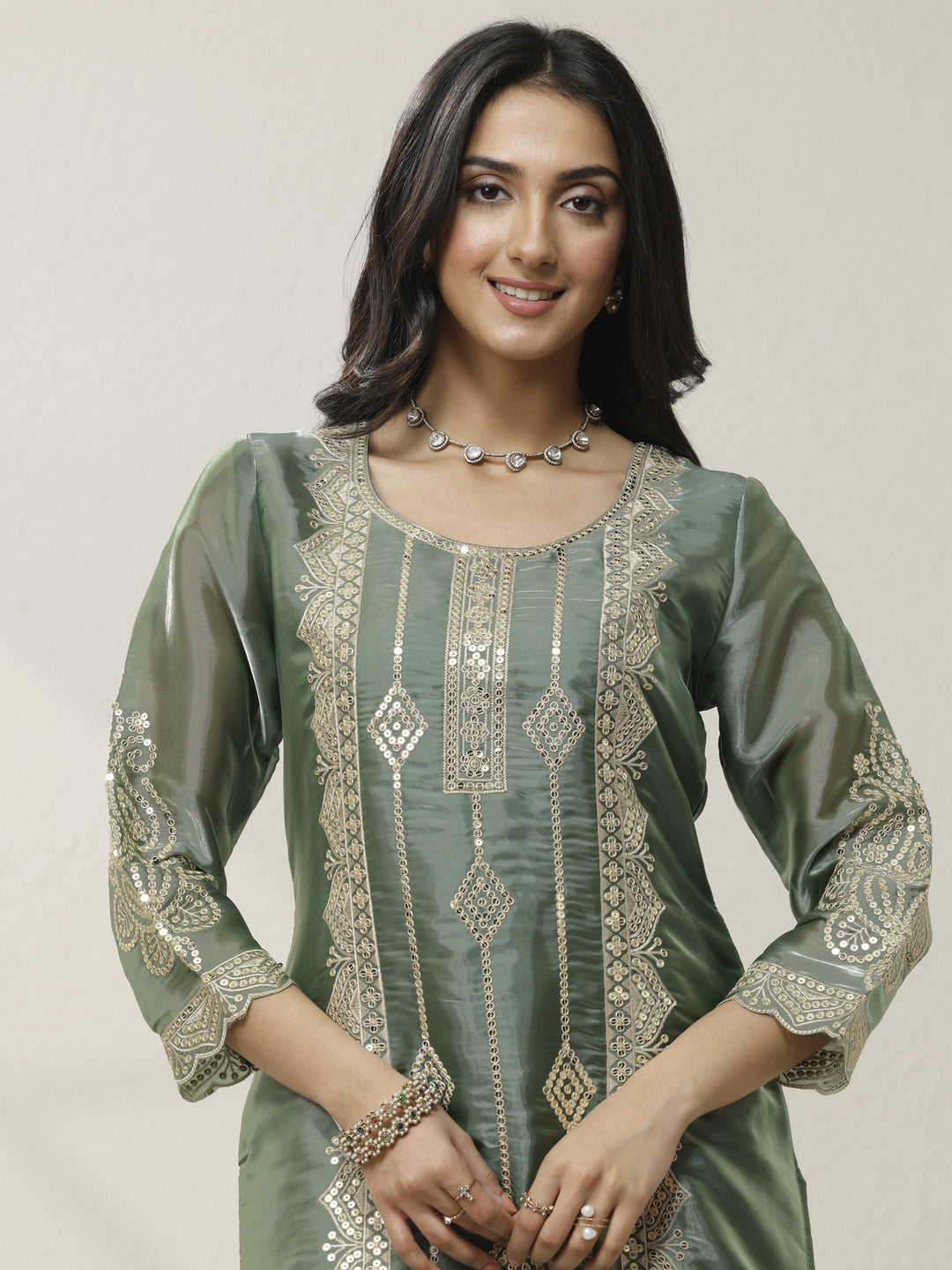  Green Embroidered Organza Straight Suit Set With Dupatta 