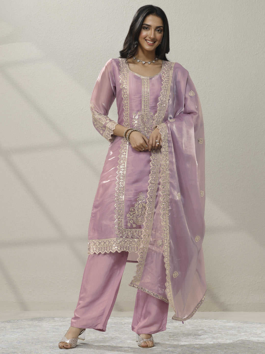  Pink Embroidered Organza Straight Suit Set With Dupatta 