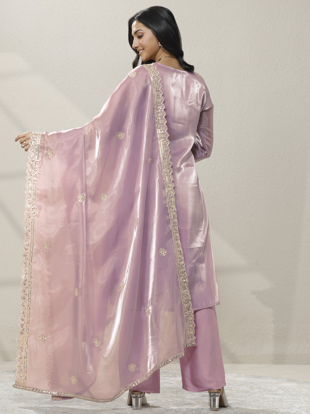  Pink Embroidered Organza Straight Suit Set With Dupatta 