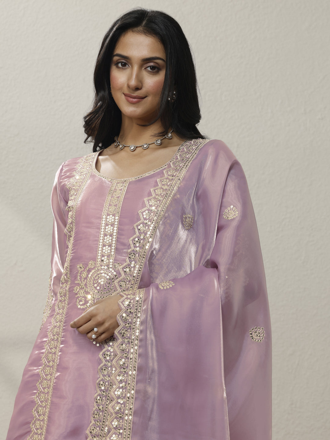  Pink Embroidered Organza Straight Suit Set With Dupatta 