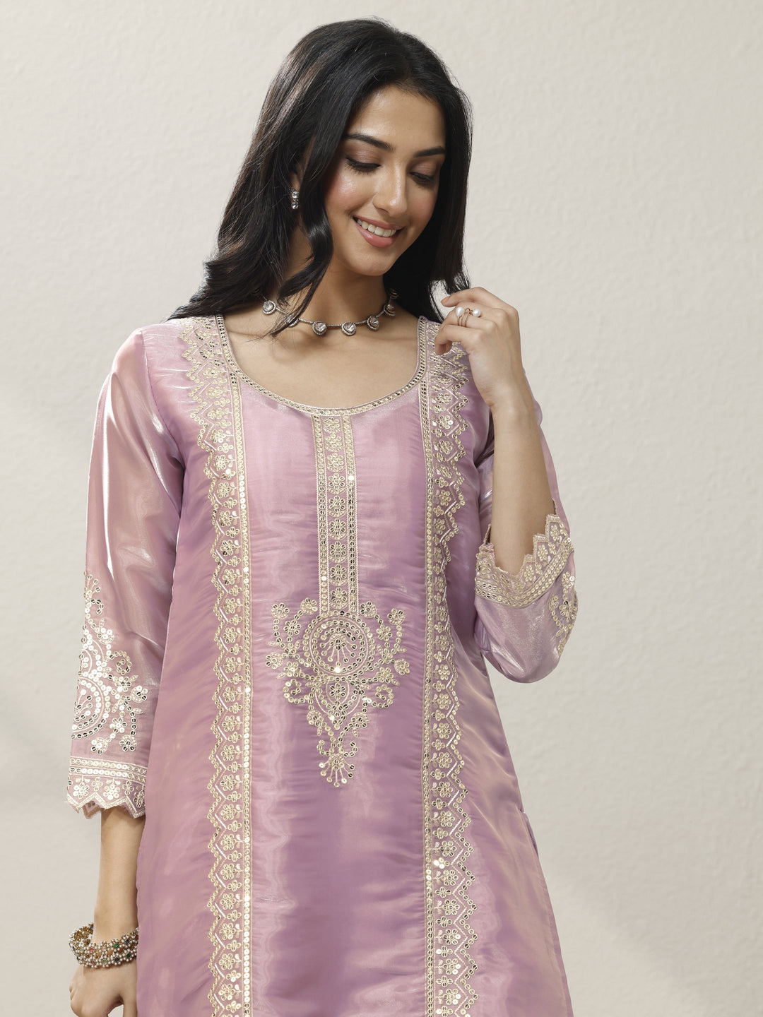  Pink Embroidered Organza Straight Suit Set With Dupatta 