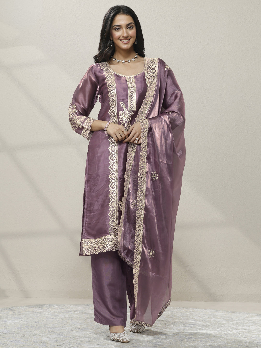  Purple Embroidered Organza Straight Suit Set With Dupatta 