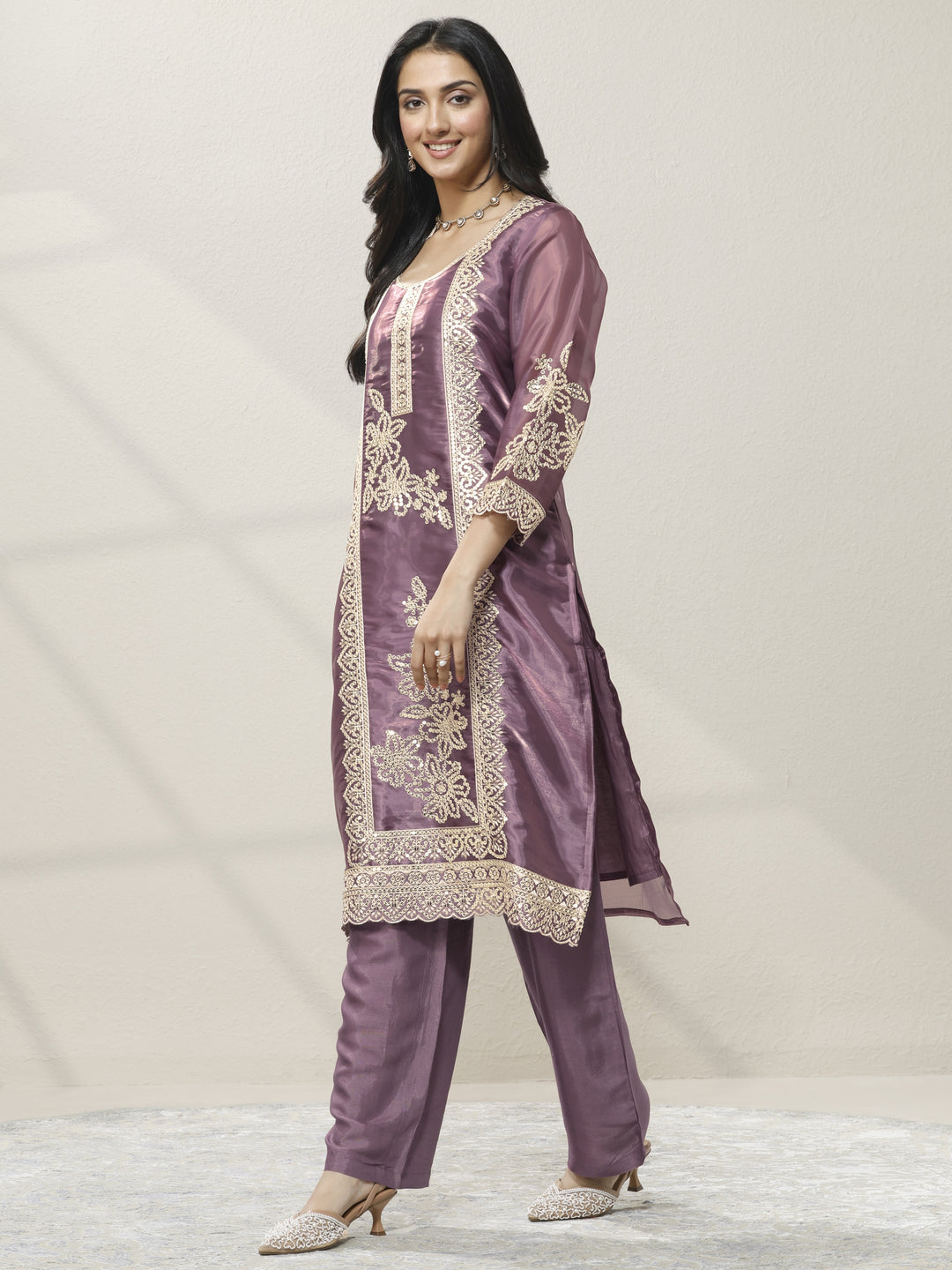  Purple Embroidered Organza Straight Suit Set With Dupatta 