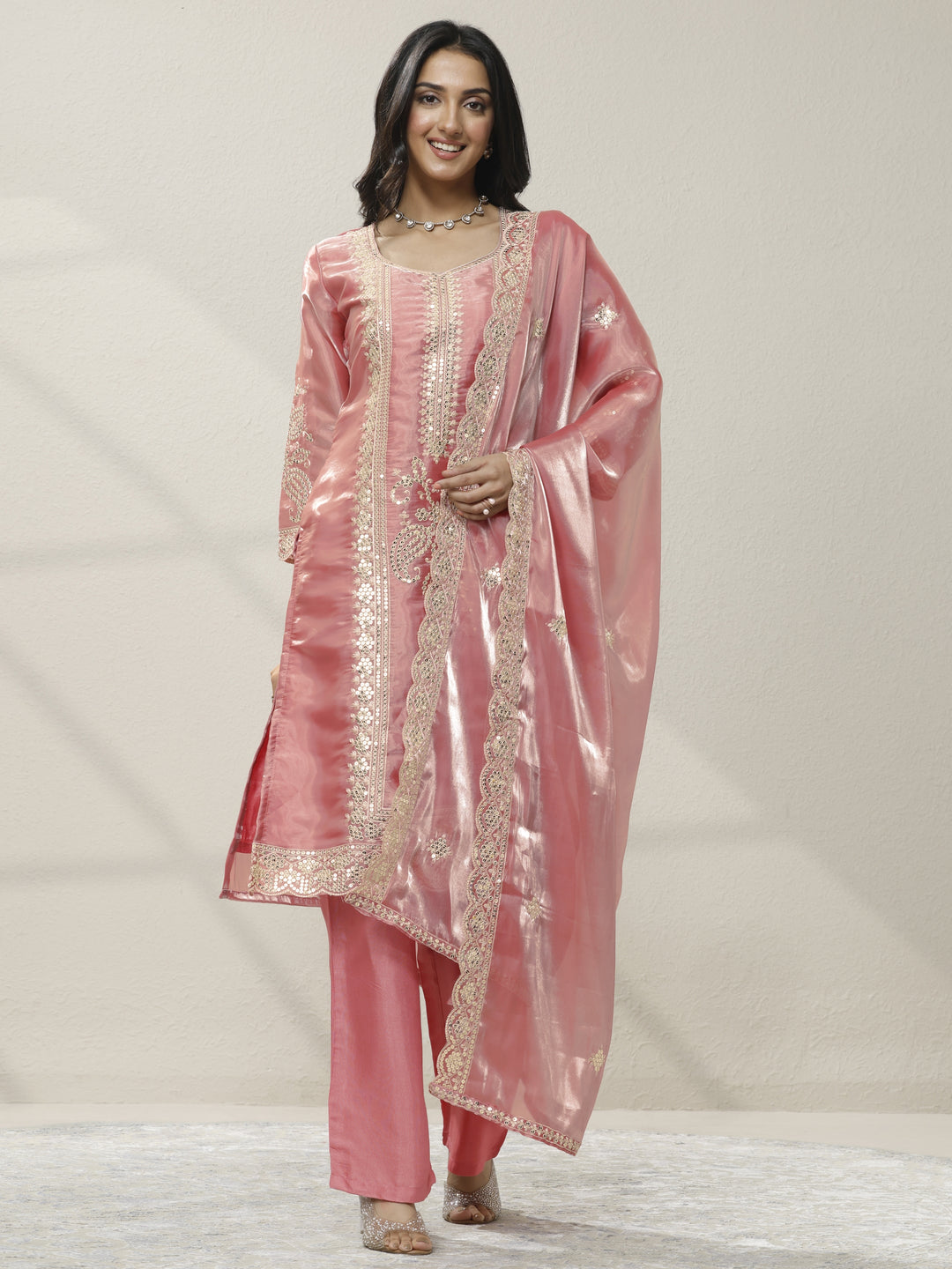  Peach Embroidered Organza Straight Suit Set With Dupatta 