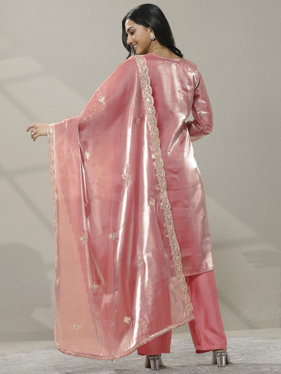  Peach Embroidered Organza Straight Suit Set With Dupatta 