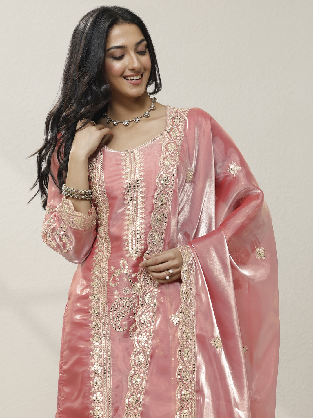  Peach Embroidered Organza Straight Suit Set With Dupatta 