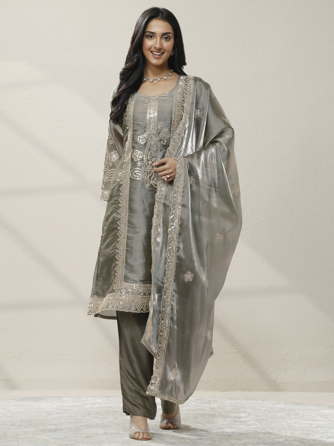  Grey Embroidered Organza Straight Suit Set With Dupatta 