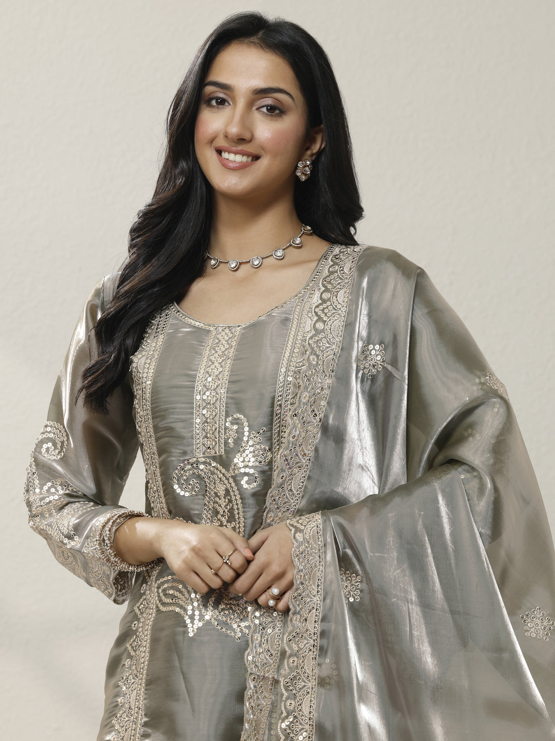  Grey Embroidered Organza Straight Suit Set With Dupatta 