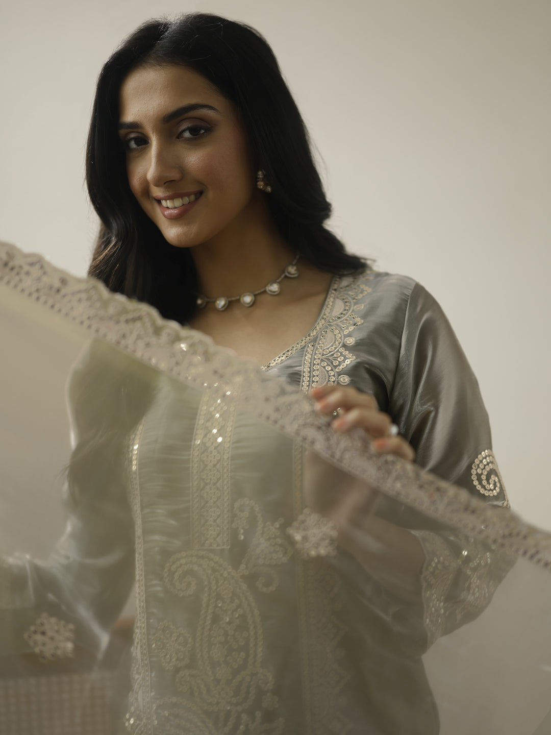  Grey Embroidered Organza Straight Suit Set With Dupatta 