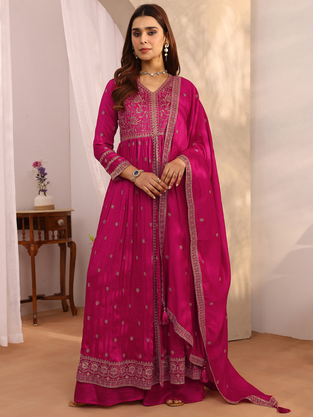  Libas Art Pink Embroidered Chinon Anarkali Suit Set With Dupatta 