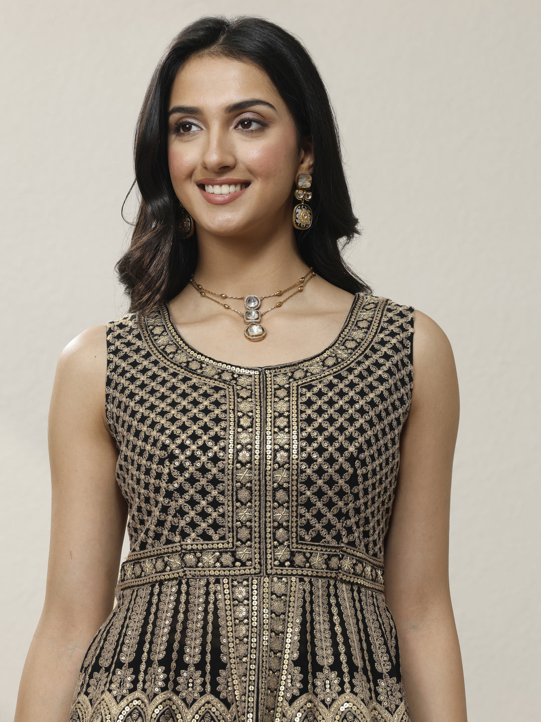  Gold Embroidered Georgette A-Line Suit Set With Dupatta 