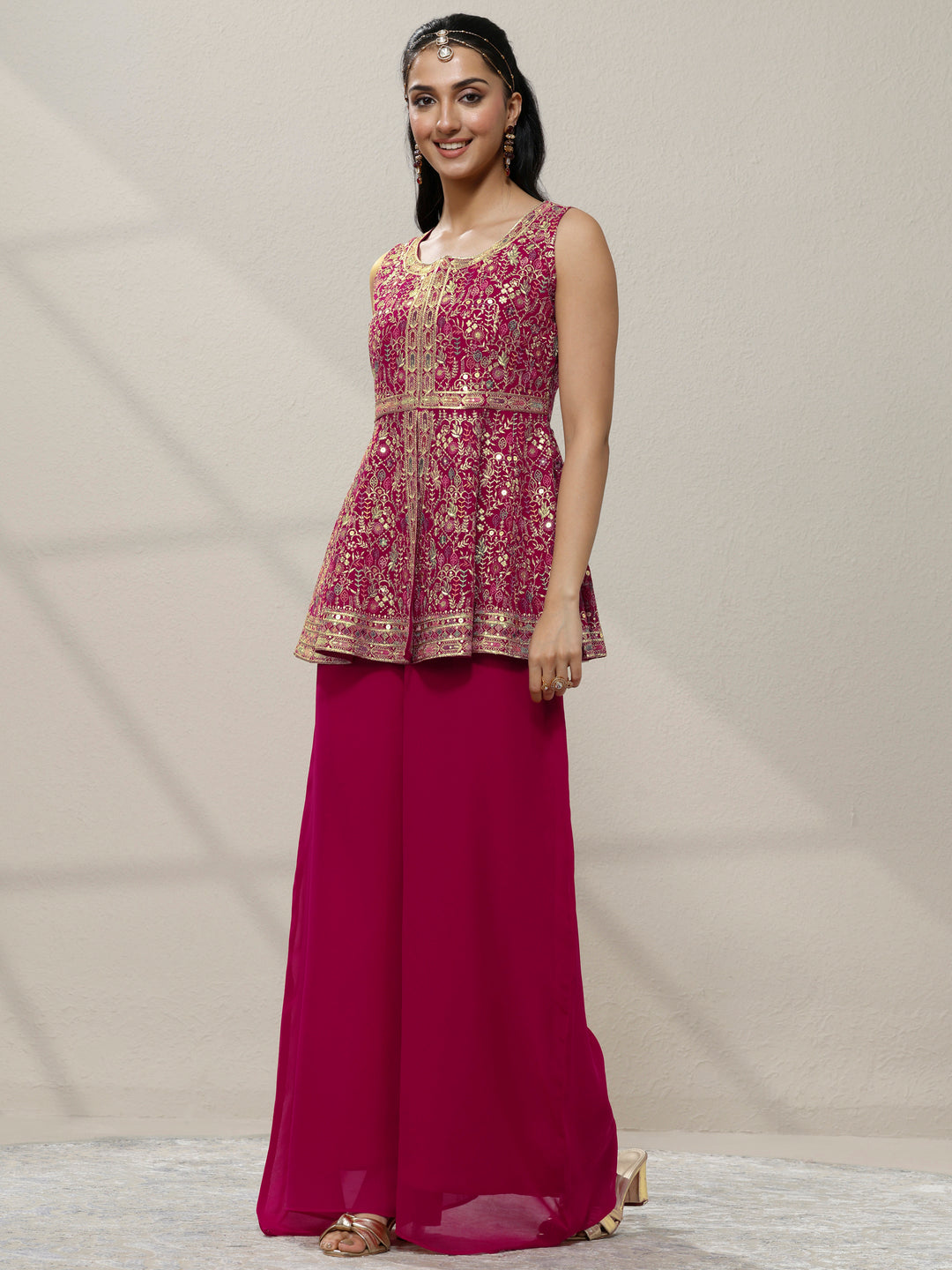  Pink Embroidered Georgette A-Line Suit Set With Dupatta 