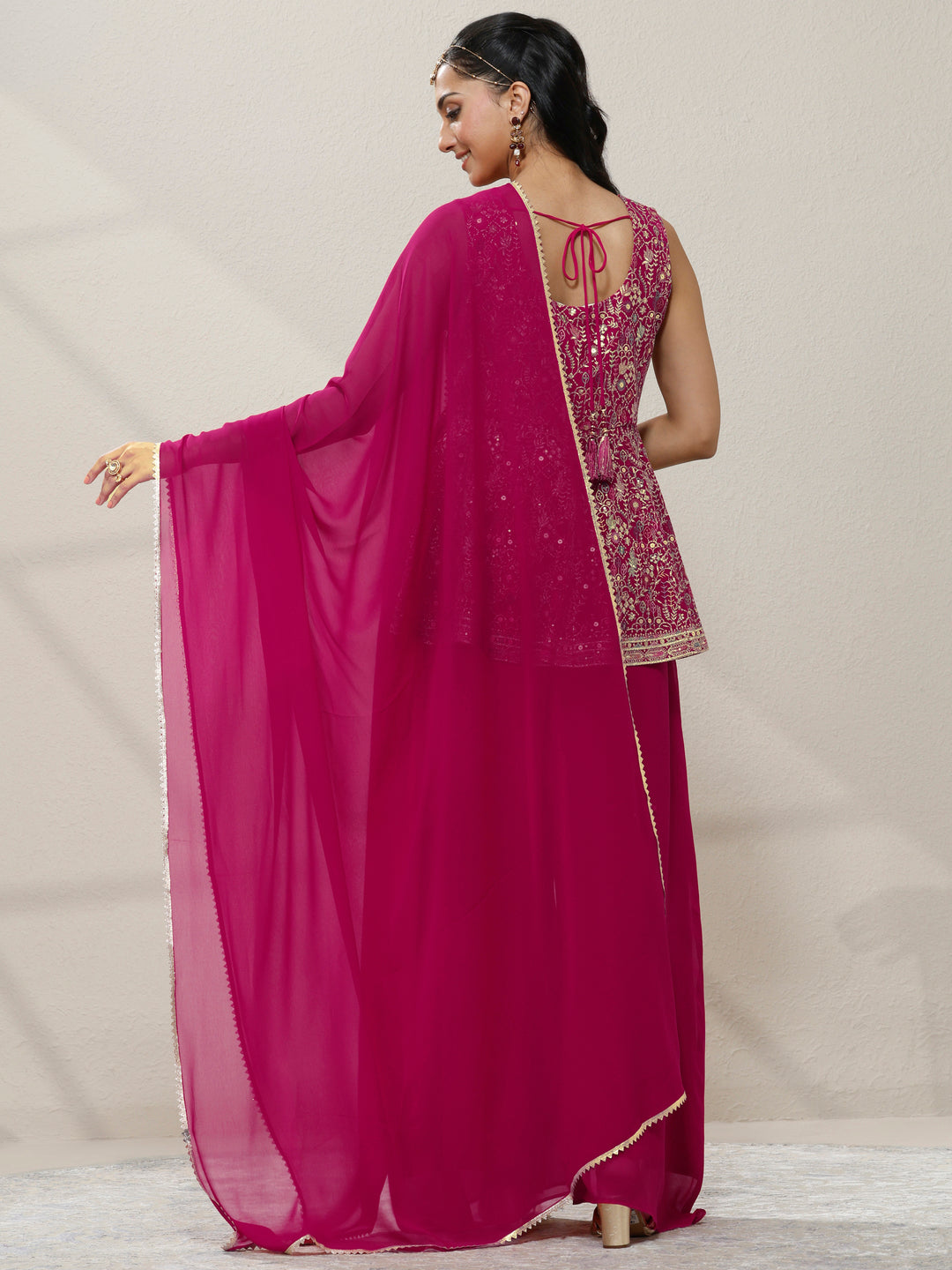  Pink Embroidered Georgette A-Line Suit Set With Dupatta 
