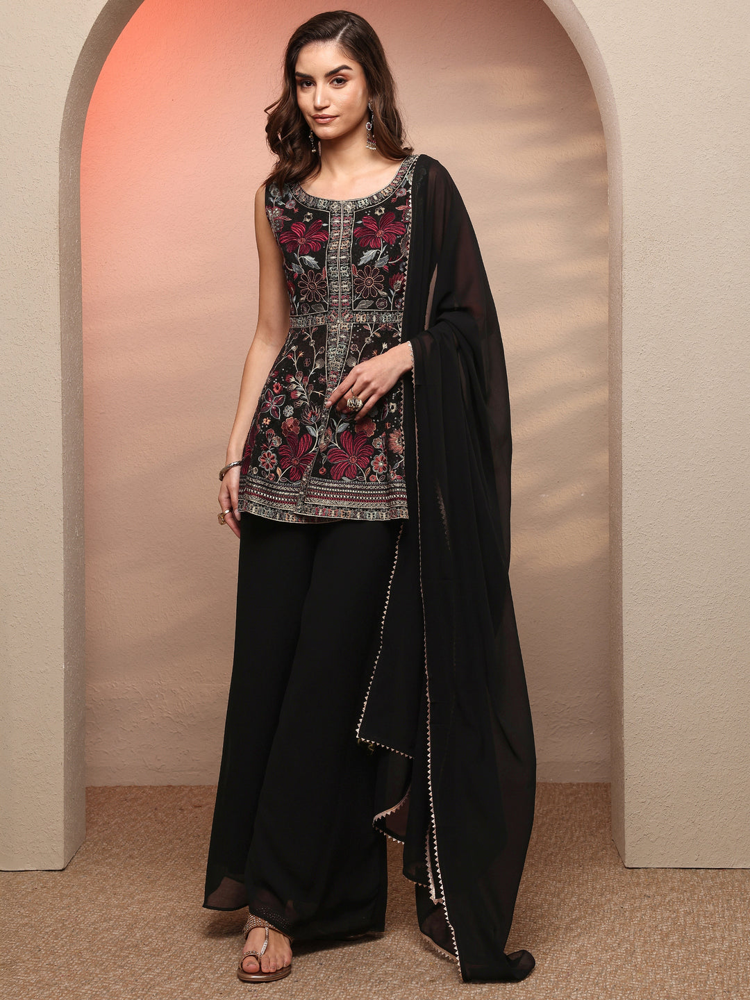  Black Embroidered Georgette Anarkali Suit Set With Dupatta 