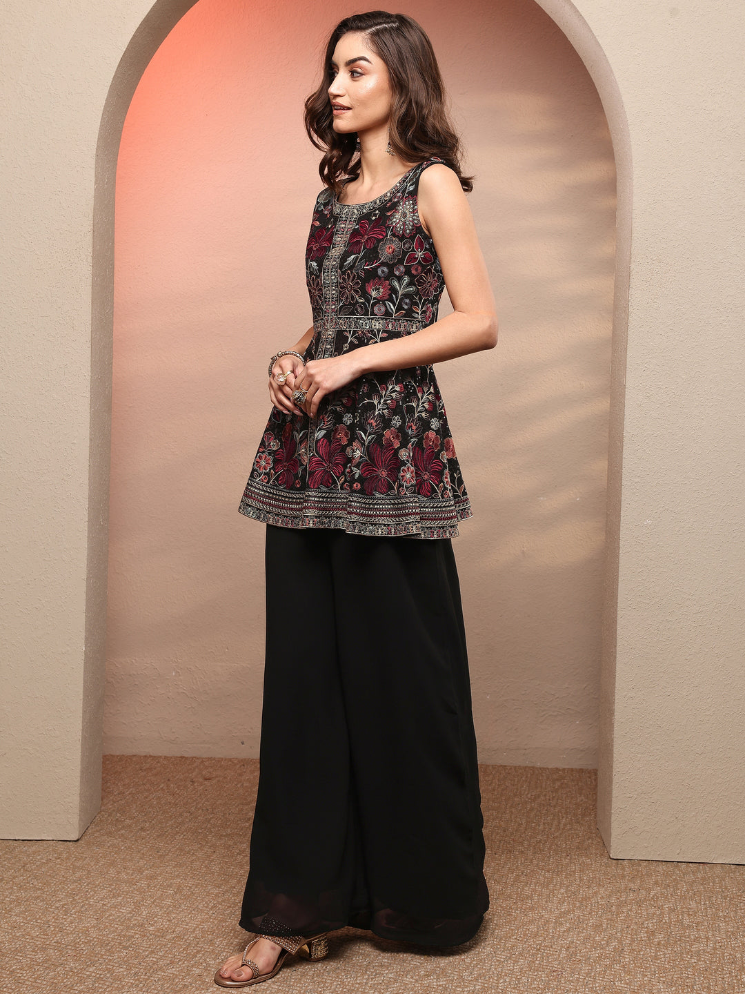  Black Embroidered Georgette Anarkali Suit Set With Dupatta 