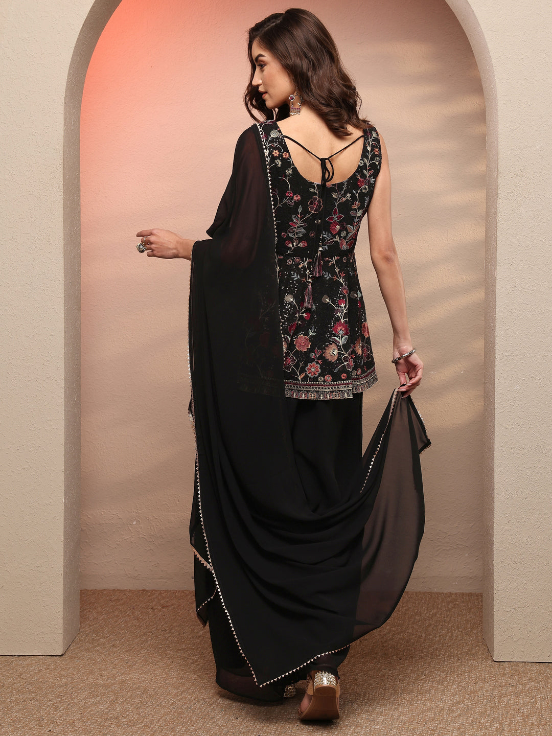  Black Embroidered Georgette Anarkali Suit Set With Dupatta 