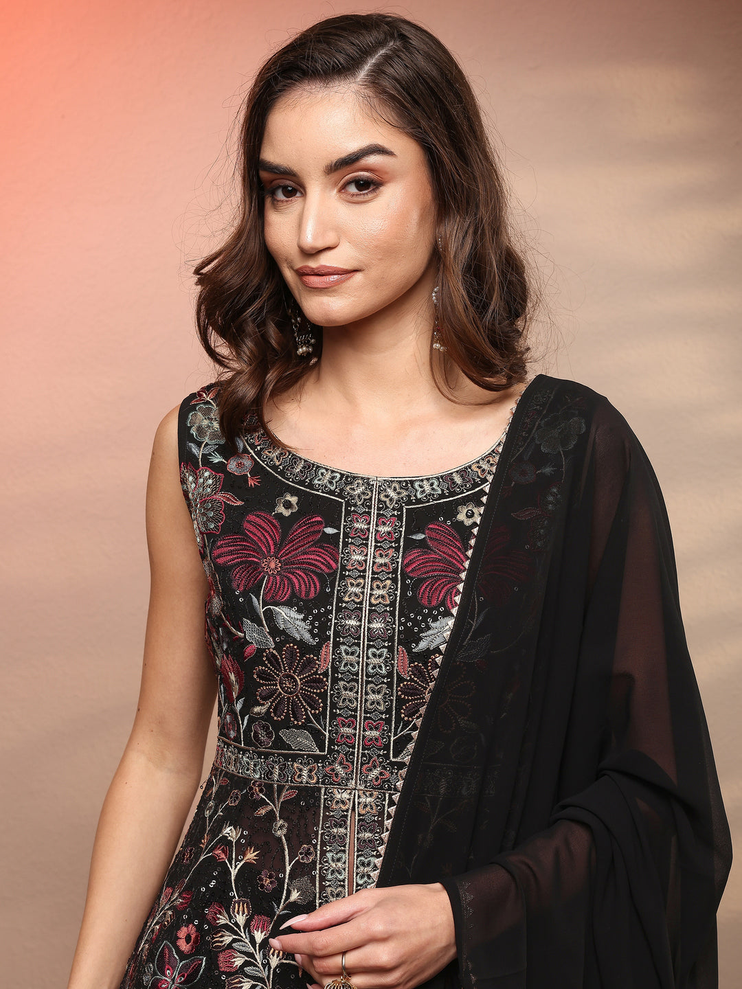  Black Embroidered Georgette Anarkali Suit Set With Dupatta 