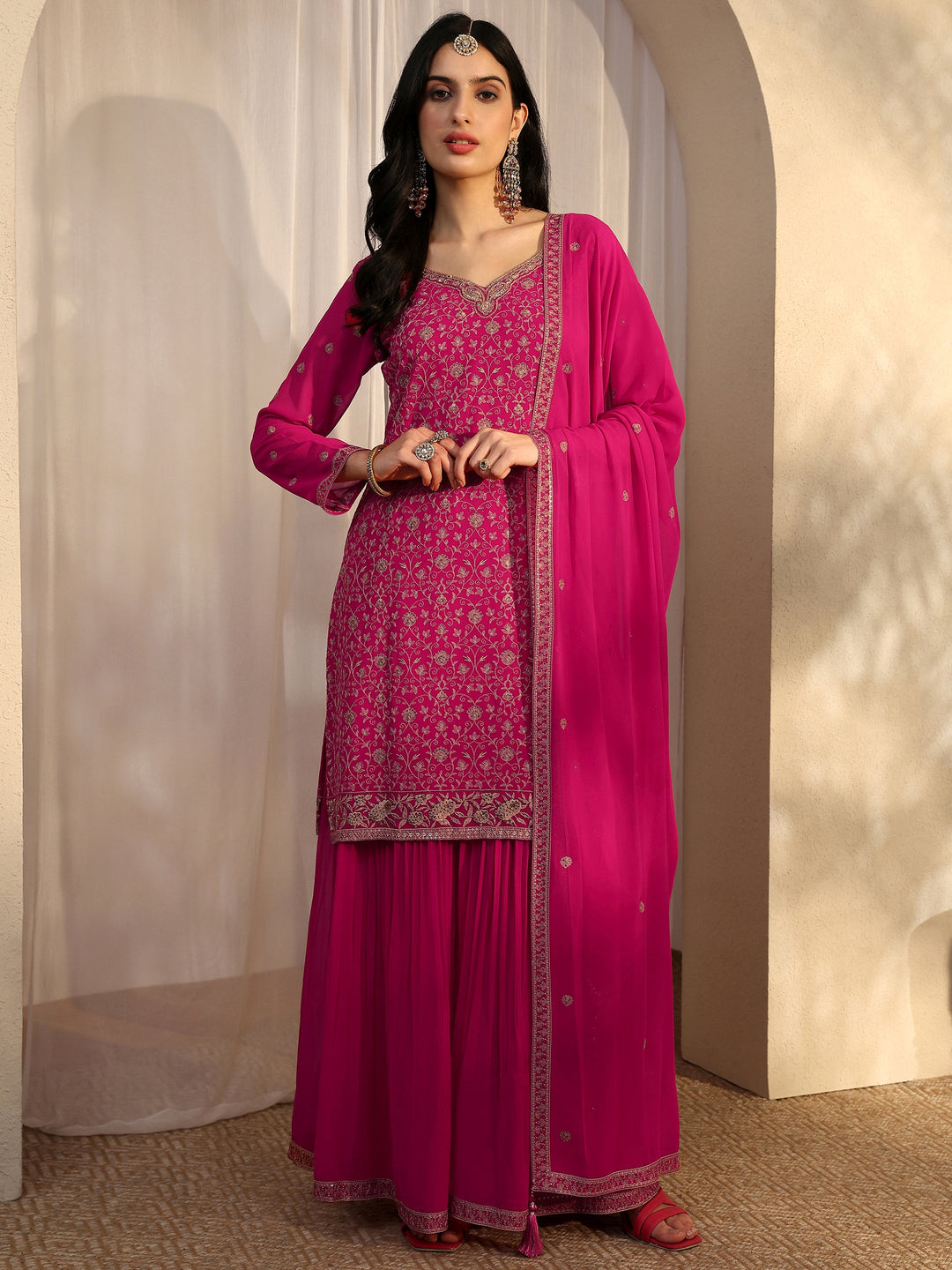  Libas Art Pink Embroidered Georgette Straight Suit Set With Dupatta 