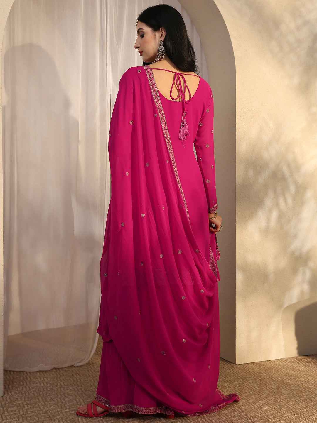  Libas Art Pink Embroidered Georgette Straight Suit Set With Dupatta 