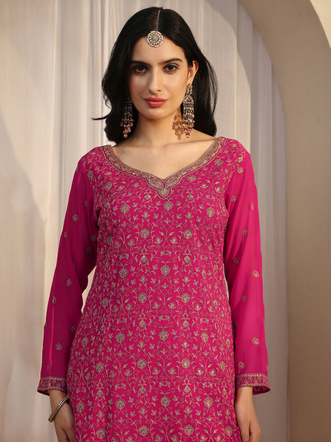  Libas Art Pink Embroidered Georgette Straight Suit Set With Dupatta 