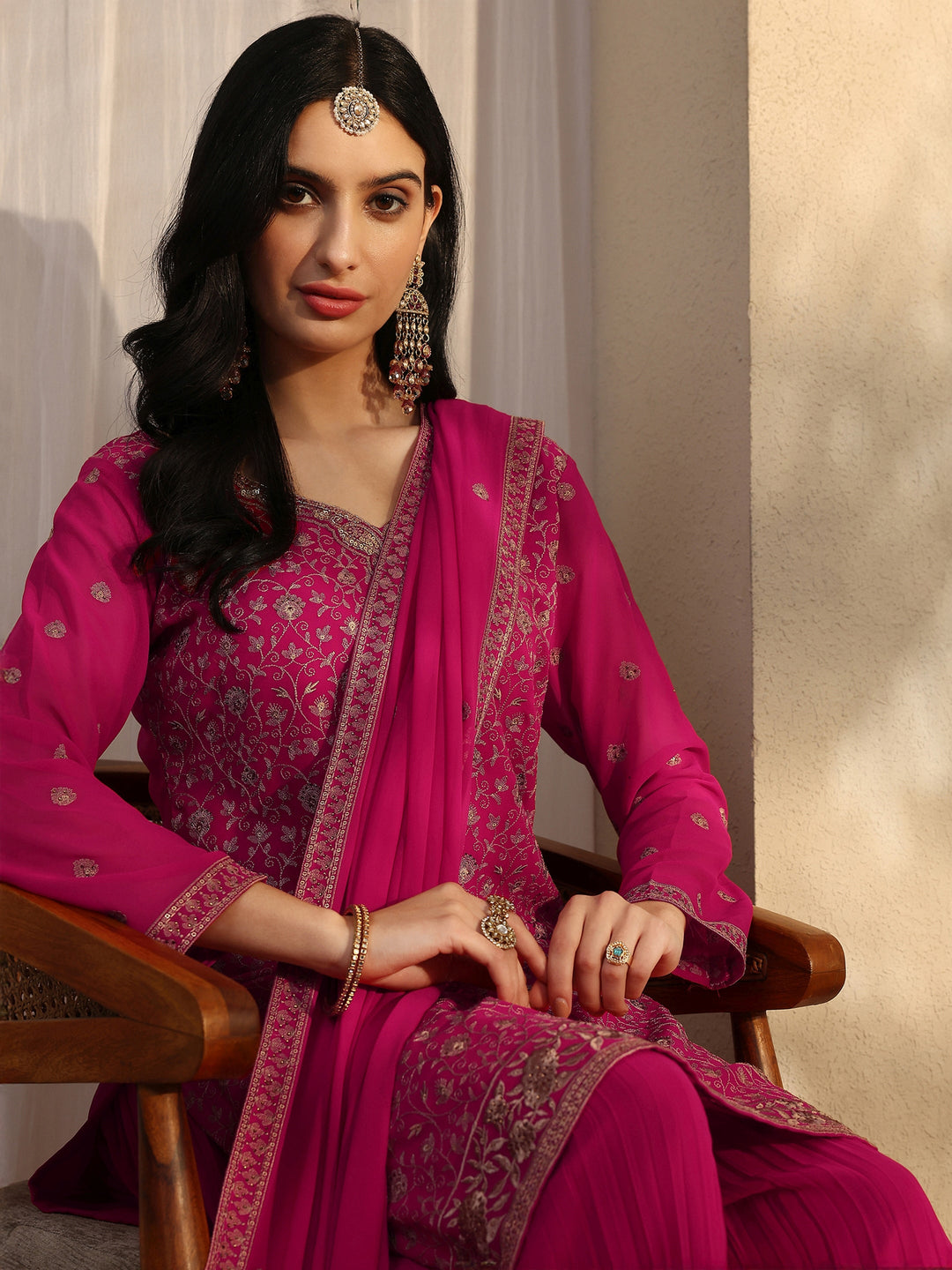  Libas Art Pink Embroidered Georgette Straight Suit Set With Dupatta 