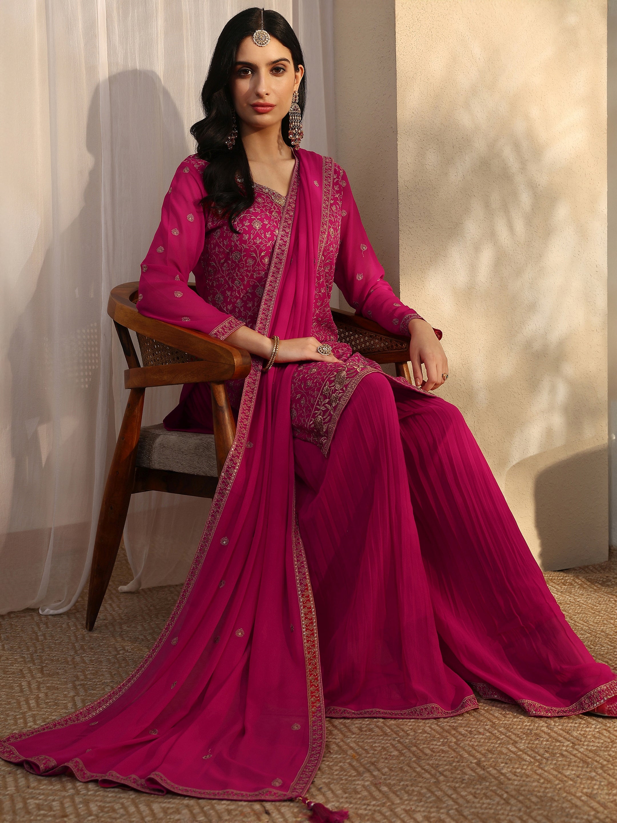 Libas Art Pink Embroidered Georgette Straight Suit Set With Dupatta-image-45