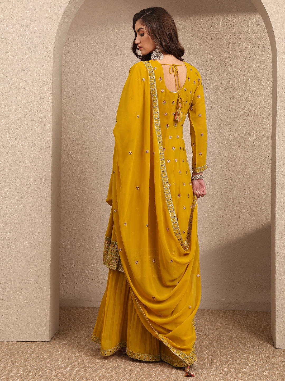  Libas Art Mustard Embroidered Georgette A-line Suit Set With Dupatta 