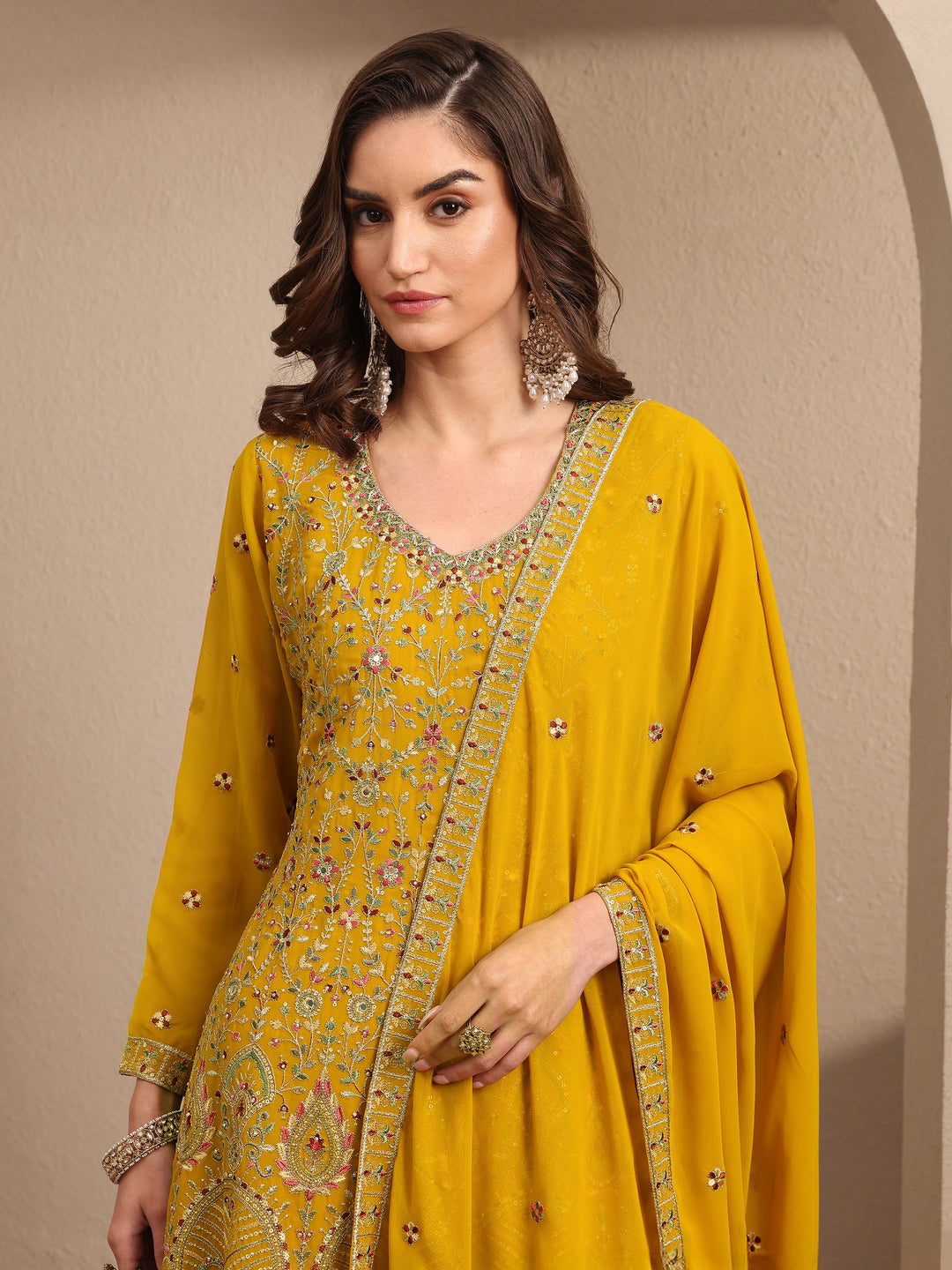  Libas Art Mustard Embroidered Georgette A-line Suit Set With Dupatta 