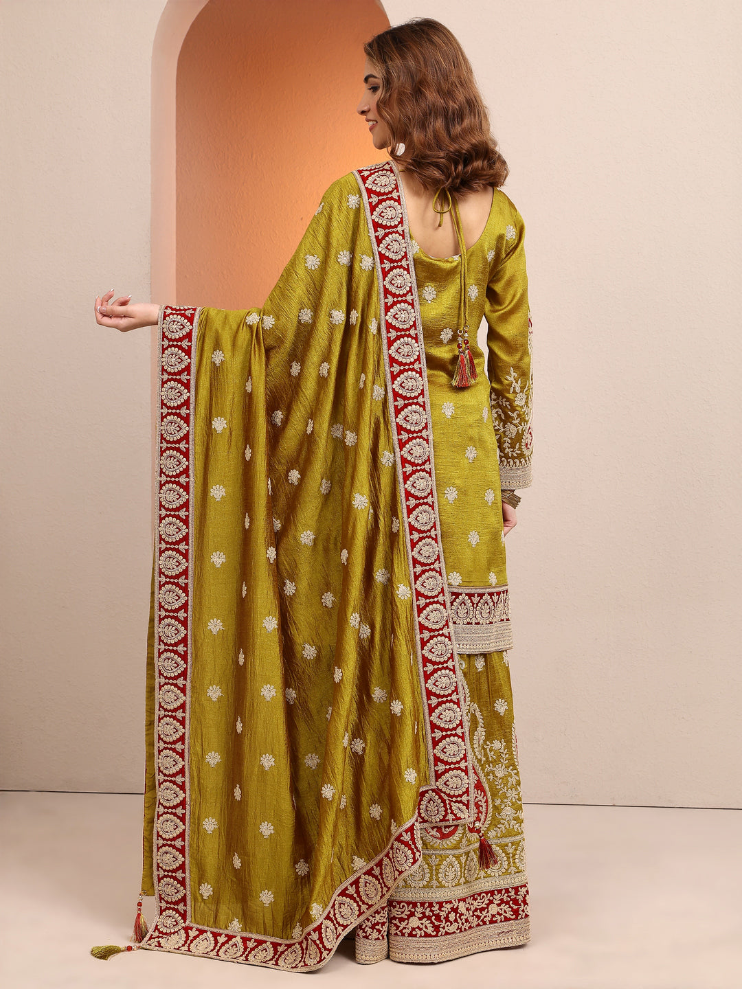  Libas Art Olive Embroidered Chinon Straight Suit Set With Dupatta 