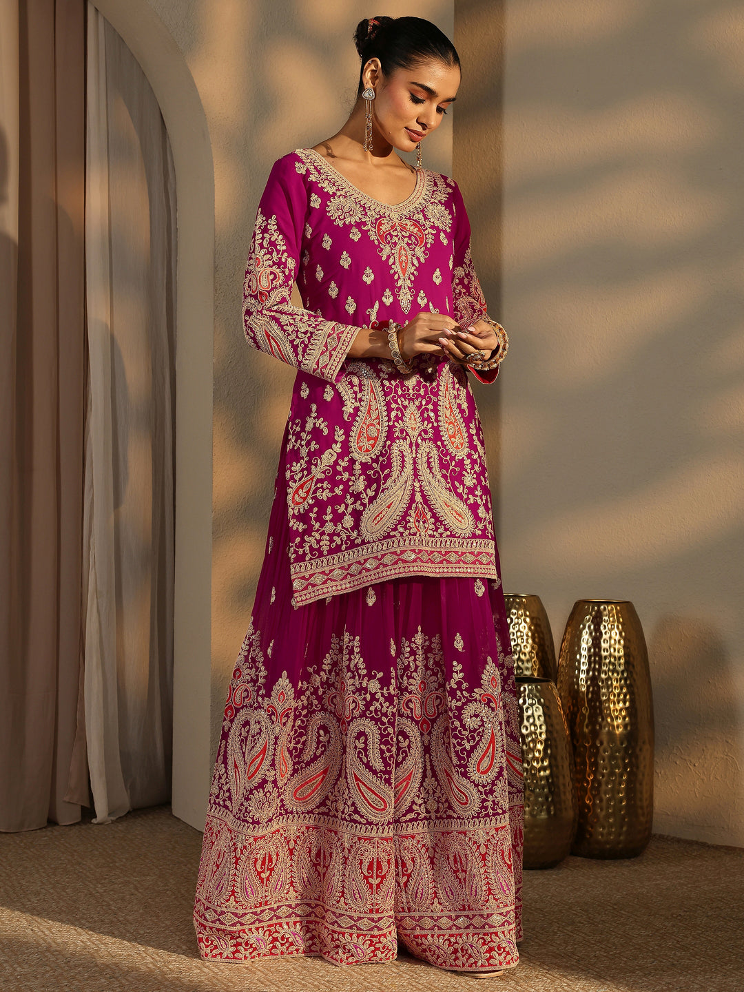  Libas Art Pink Paisley Embroidered Georgette Straight Suit Set With Dupatta 