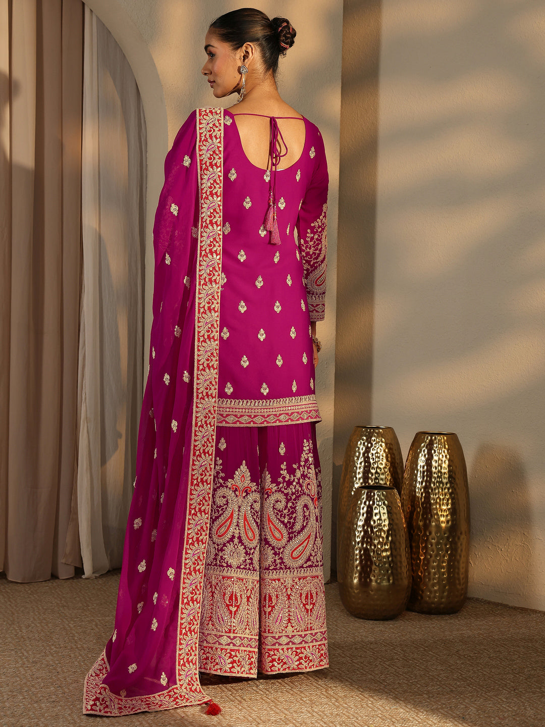  Libas Art Pink Paisley Embroidered Georgette Straight Suit Set With Dupatta 